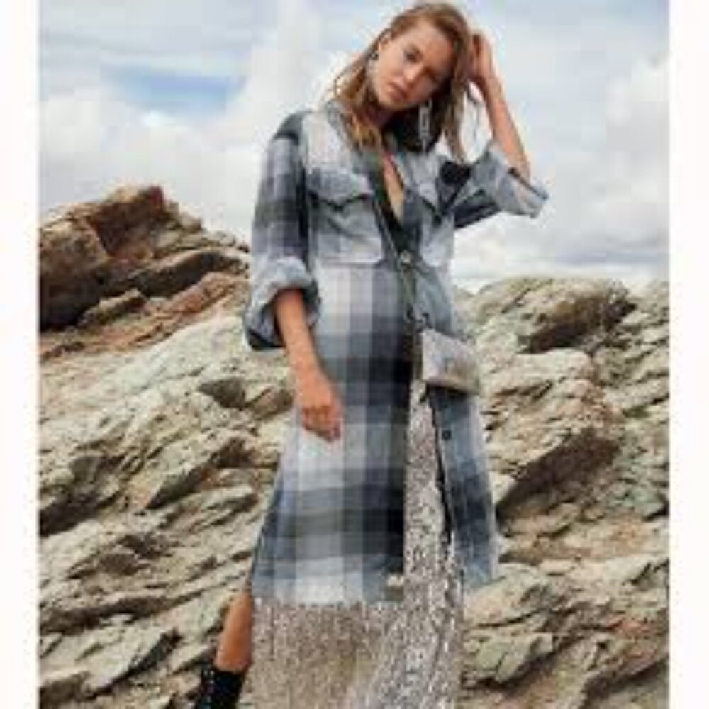 ✨️NWOT! Free People Ashima Chenille Black and Grey Plaid Duster Coat!